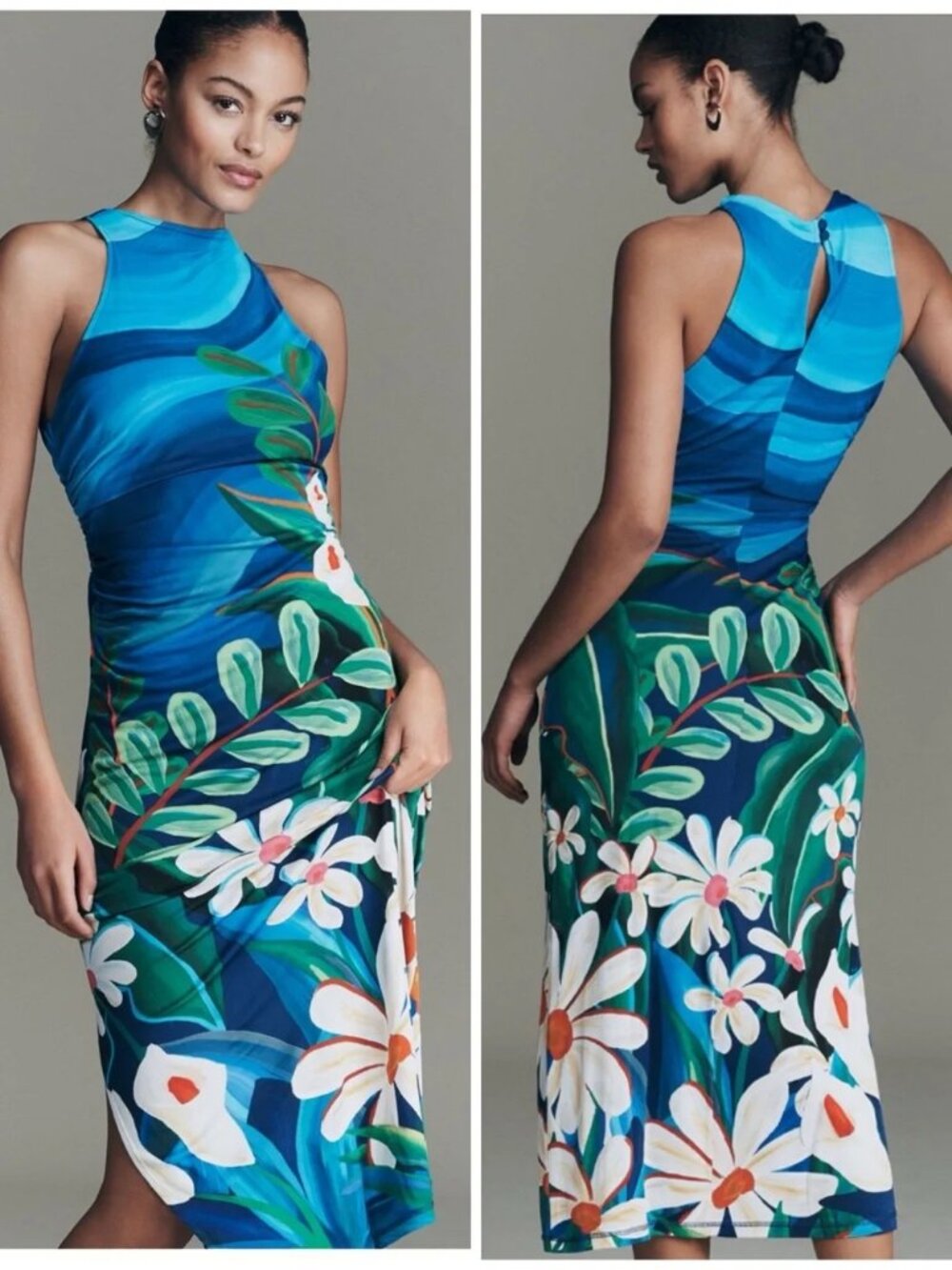 Farm Rio x Anthropologie Printed Sleeveless Midi Dress M Floral Blue Wave $228